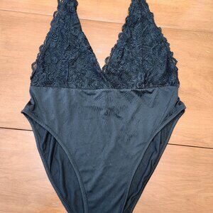 Black deep v front body suit